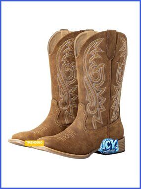 Extra Wide Calf Cowboy Boots Square Toe Hidden Elastic Removable Cushion Faux